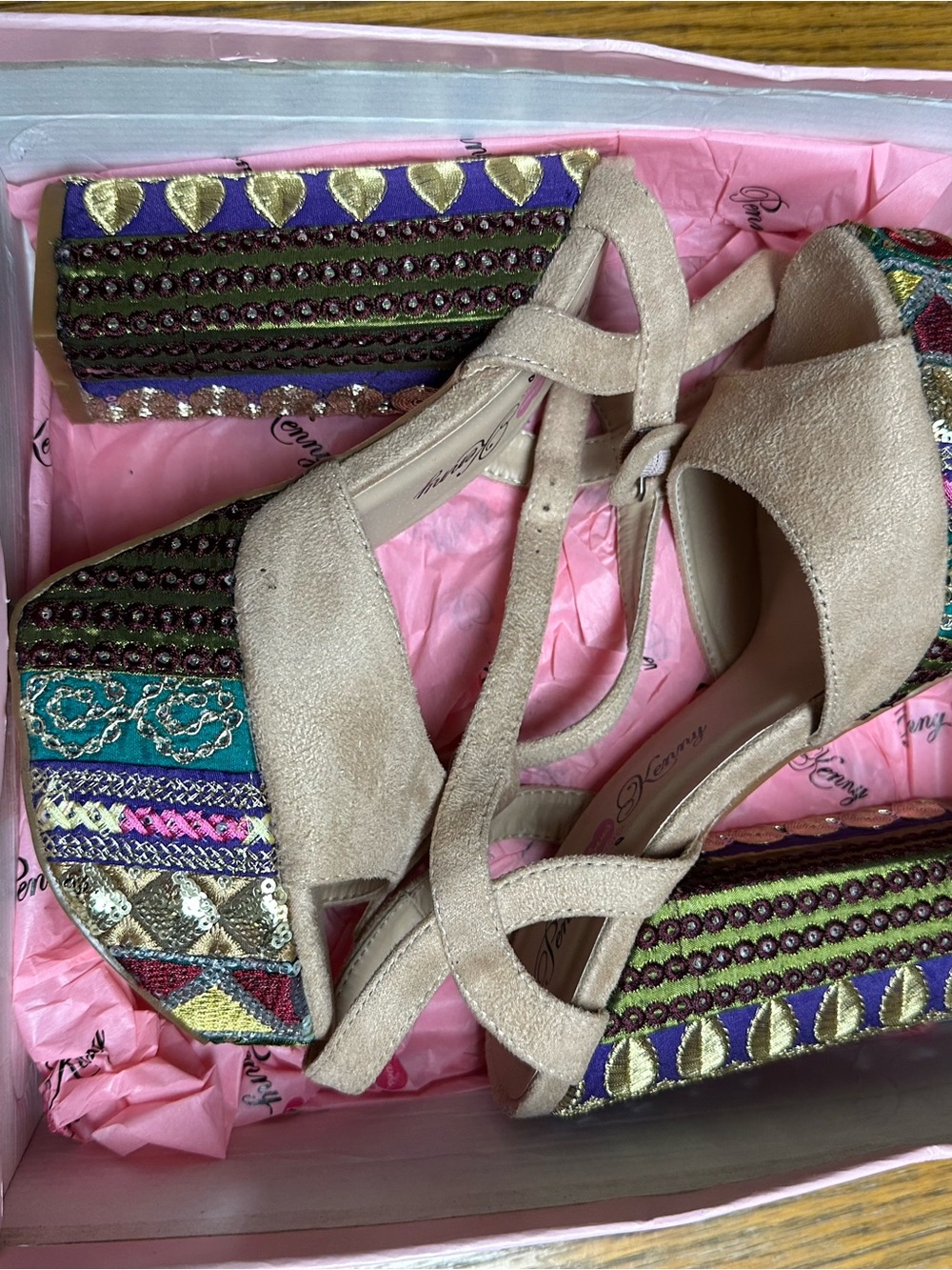 Penny Loves Kenny Beige Suede Platform Sandals with Colorful Embroidered Heels